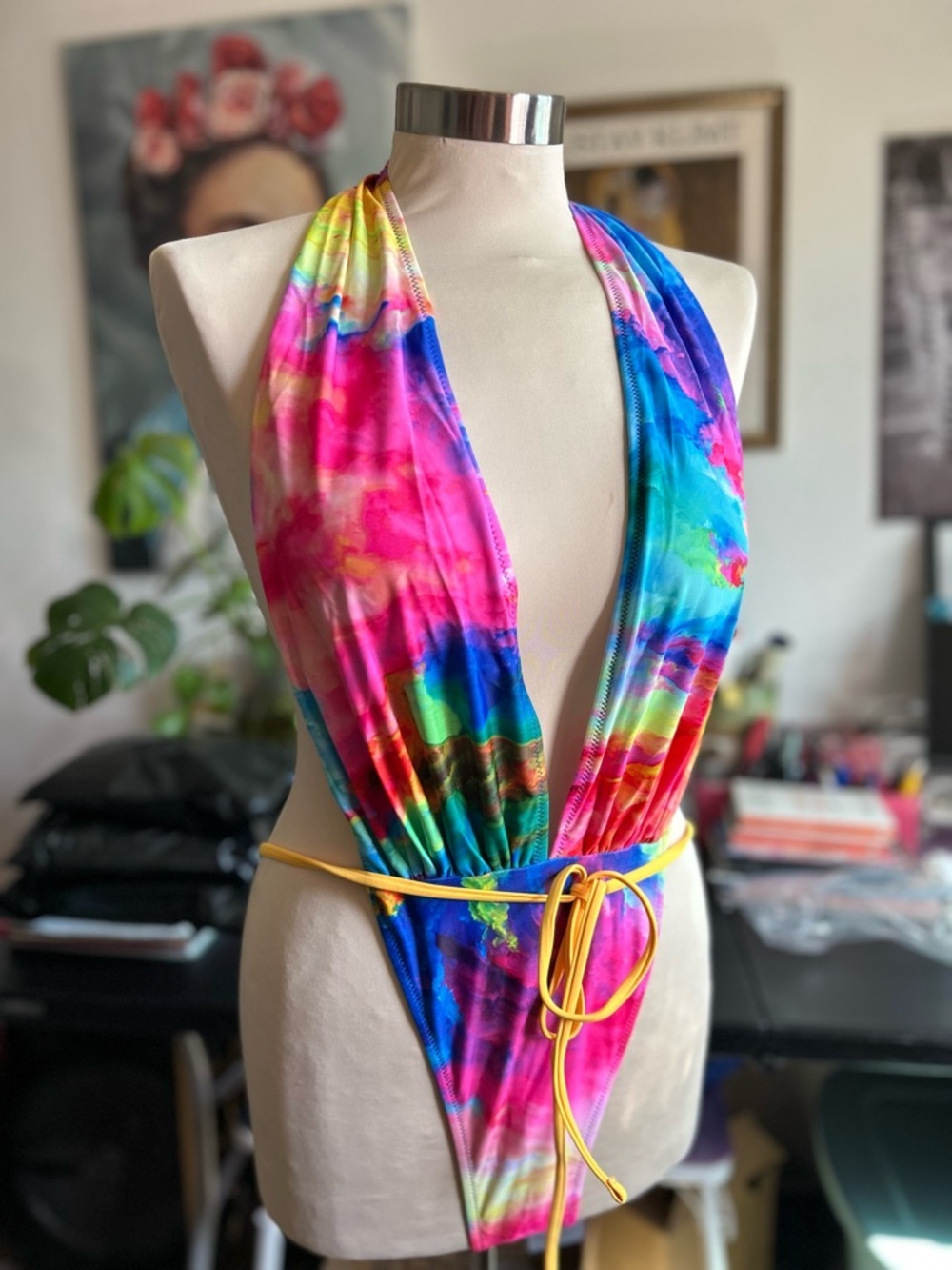 Yira tie-dye swimsuit one piece with back tie around colorful size Small - Picture 3 of 8
